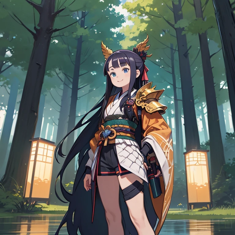 One girl, masterpiece, highest quality, Very detailed, figure, kentou kanami, Outdoor, forest, Are standing, Long hair tied low, Fishnet shorts, armor, kimono, smile,