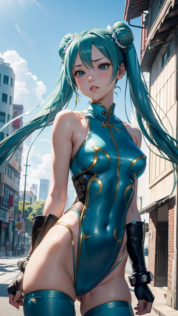 Super detailed, NSFW, masterpiece, High resolution, Photorealistic digital art, perfect lighting, (((1 girl, perfect anatomy))), accurate right hand, accurate left hand, five fingers, perfect style, (((hatsune miku,))) 3d face, big light blue-green eyes, glossy lips, blue-green long hair, shiny skin, Angry expression, (((twin tails))), big square hair accessories, (Chun Li), Blue fighting suit, outdoor, Street Fight, Fighting Pose, View from below,