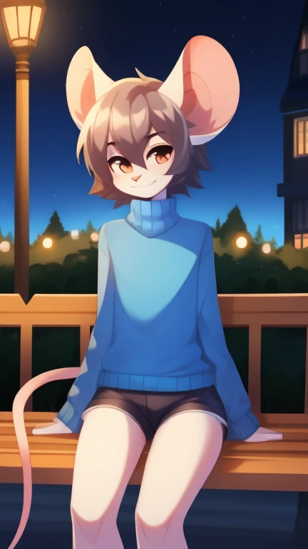 Best quality, super detailed illustration, warm colors, Ideal lighting, (fluffy mouse boy:1.4), white fur, feminine face and body, disheveled thick hair, short shorts, blue long-sleeve sweater, sitting on a bench in the park by the light of a lamppost, at night,smug smile, half-closed eyes , femboy,  slim, perfect body, style &quot;DND&quot;