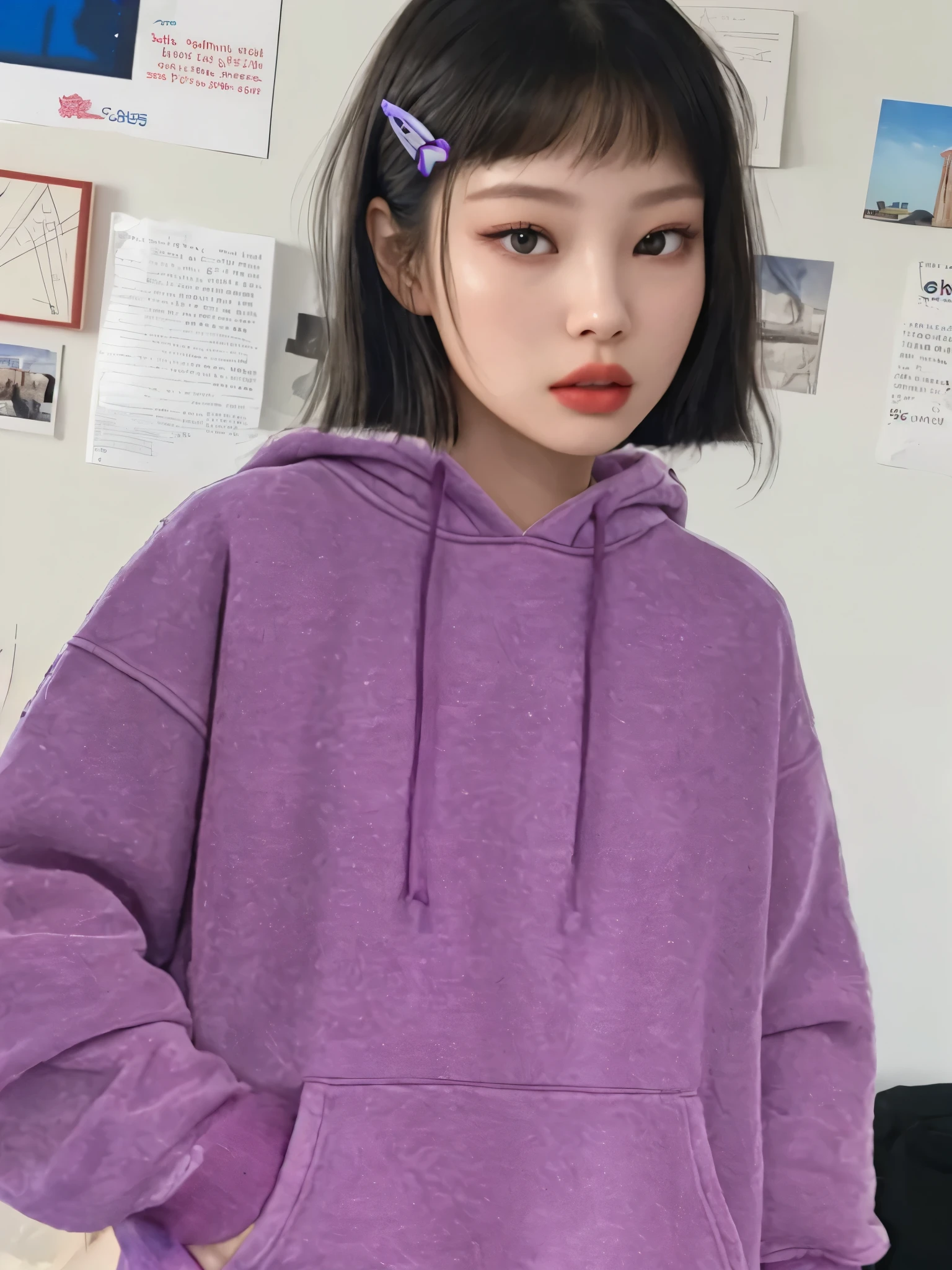 Fujifilm XT3,1 girl ,her pose exudes a sense of and joy,close up photo, wear (((color orange oversized_hoodie that covered her legs))), wear ((purple tennis skirt)),hands in hoodie pocket,looking front,Best Quality,Masterpiece,Ultra High Resolution,(Realisticity:1.4),Original Photo,light leak,ultra high resolution,UHD,beautiful, (bokeh:1) black bob hair, almond eye, no makeup, in front of (80's mondrian architecture motel), (realistic:1.2), (surreal:1.3), (very detailed:1.1), ((masterpiece)),summer, blue sky, palm trees,sunny, los angles vibes