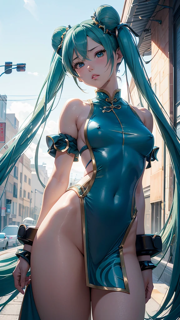 Super detailed, NSFW, masterpiece, High resolution, Photorealistic digital art, perfect lighting, (((1 girl, perfect anatomy))), accurate right hand, accurate left hand, five fingers, perfect style, (((hatsune miku,))) 3d face, big light blue-green eyes, glossy lips, blue-green long hair, shiny skin, Angry expression, (((twin tails))), big square hair accessories, (Chun Li), Blue fighting suit, outdoor, Street Fight, Fighting Pose, View from below,
