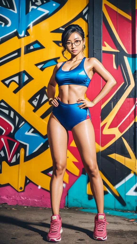 a korean malay mixed super sexy woman, hip hop dancer, young sexy sensual 21 yo ,modern dance two piece silky weardrobe ,  glasses , tanned sweaty skin , sexy confident look , frontal to camera , midshot , inside a warehouse with alot colorfull graffiti surrounding , night time, night atmosphere , pose 1.4 to camera , waist up pose , upper_body pose , various shot angle 