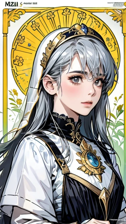 (Masseter muscle area,highest quality,Very detailed), (Detailed face),noble, european woman face portrait, High resolution, One Girl, (View from the front), (Masseter muscle area,highest quality,Very detailed),(Absurd),In front of the stained glass,Black dress with long Gray Hair,One Girl, Gray Hair, Hello, Girl with Gray Hair,White nun dress，Cathedral，Sanctuary, ,dagger decoration, Upper body, Flat Chest, (Beautiful detailing: 1.1), (Detailed hand), (Detail Light: 1.1), Film Light, Fair skin type, (Looking at the audience), (magazine:1.3), (Cover Style:1.3), Textured skin, Super Detail, tarot boundaries, Border, Alphonse Mucha, Dynamic stripes, trajectory:1.2, Golden, Beautiful and bright color scheme, Portraiture, Looking at the audienceください, solo, (Whole Body Ezbian:0.6), Detailed face, (Ancient Mesopotamian theme), Sumerian, Mesopotamian mythology, Uruk, ziggurat, Demi god,Flower Hair Ornaments, (flourishing civilization), ancient palace, performer, Suspended particles, Fibonacci,Pure,Lady,elegant