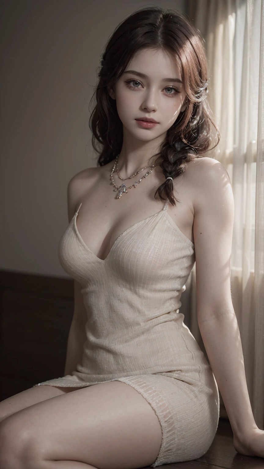 Romantic Rosette dress2, fashi-girl, red lips, mature female, makeup, Big eyes. Pretty eyes, ((Random shooting angles)), (best quality, masterpiece:1.2), ultra-detailed, (realistic:1.37), beautiful, youthful, glamorous model with (detailed eyes, detailed lips, extremely detailed eyes), with white and floral colors, showcasing a radiant smile, slender figure, long legs, creating a breathtaking depiction of a girl, Warm tones, extremely high color saturation, official art,   extremely detailed CG unified 8k wallpaper,(High dynamic range :1.4), (cinematic),(soft colors, dull colors, soothing tones :1.3), (natural skin texture, ultra-realistic, soft light, sharp),(very detailed), Pose for a picture lying in bed, elegant pose, attractive pose