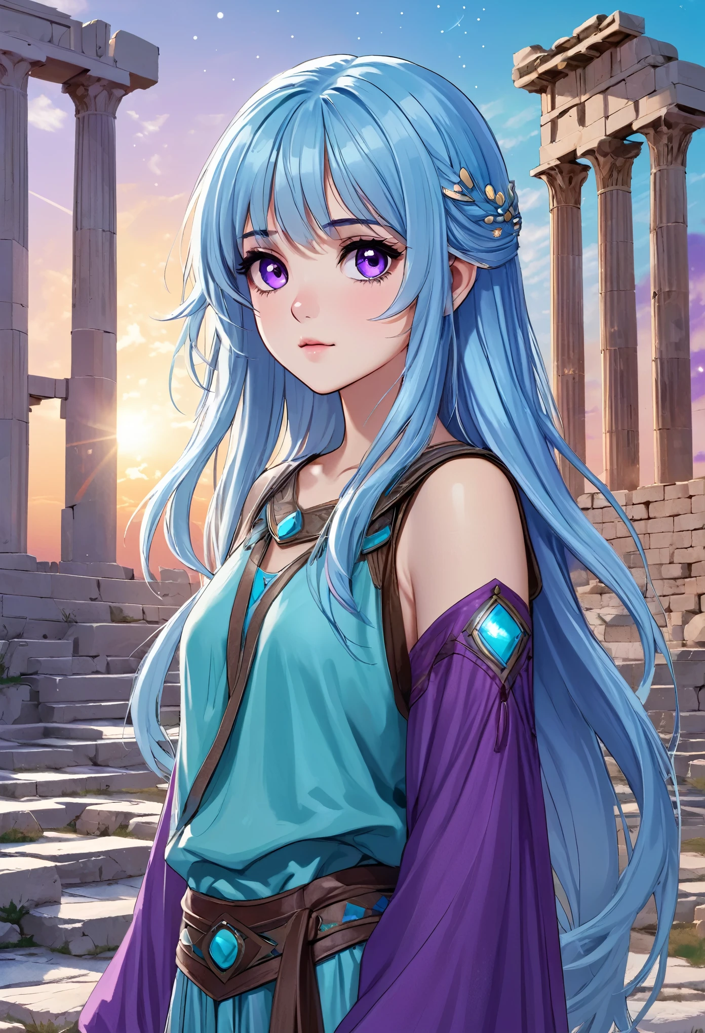 Masterpiece. High-resolution. 1girl about 20 years old. Pretty beautiful girl. Pretty big purple eyes. Delicate face. Beautiful face. (((Long light blue hair))). Straight hair. Messy hair. Hair bangs. Turquoise tunic. Purple tide pants. Leather boots. Greek ruins background with cosmic Sky.