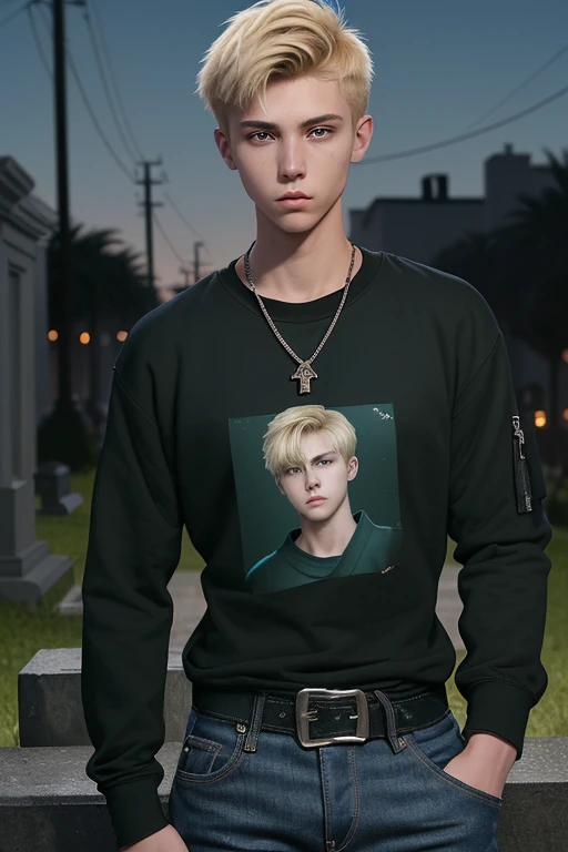 20 year old man with short blonde hair, punck hairstyle, black jean sweatshirt, green shirt, blue jean pants with black belt, arcane eye buckle, slim muscular complexion in the background of a New Orleans street at night, background of a cemetery at night
