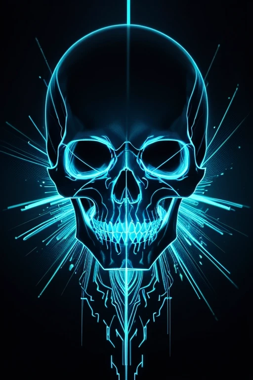 A mesmerizing solo artwork featuring adisco skull, bathed in the radiant glow of neon lines and a vibrant blue aura. The intricately detailed skull design is set against a dark, ominous backdrop, the contrast between the glowing elements and the shadowy background creating an enchanting, otherworldly atmosphere. The neon lines dance and weave around the skull, their brightness casting a surreal, ethereal light upon the intricacies of the bone structure. The glowing blue aura surrounding the skull adds an air of mystique and allure, drawing the viewer in with its captivating display of energy and light. This stunning glowing disco skull artwork