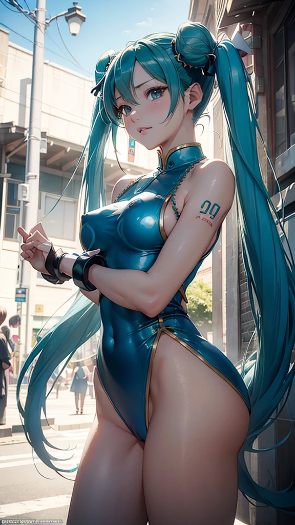 Super detailed, NSFW, masterpiece, High resolution, Photorealistic digital art, perfect lighting, (((1 girl, perfect anatomy))), accurate right hand, accurate left hand, five fingers, perfect style, (((hatsune miku,))) 3d face, big light blue-green eyes, glossy lips, blue-green long hair, shiny skin, A relaxed smile, (((twin tails))), big square hair accessories, (Chun Li), Blue fighting suit, outdoor, Street Fight, Fighting Pose, View from below,