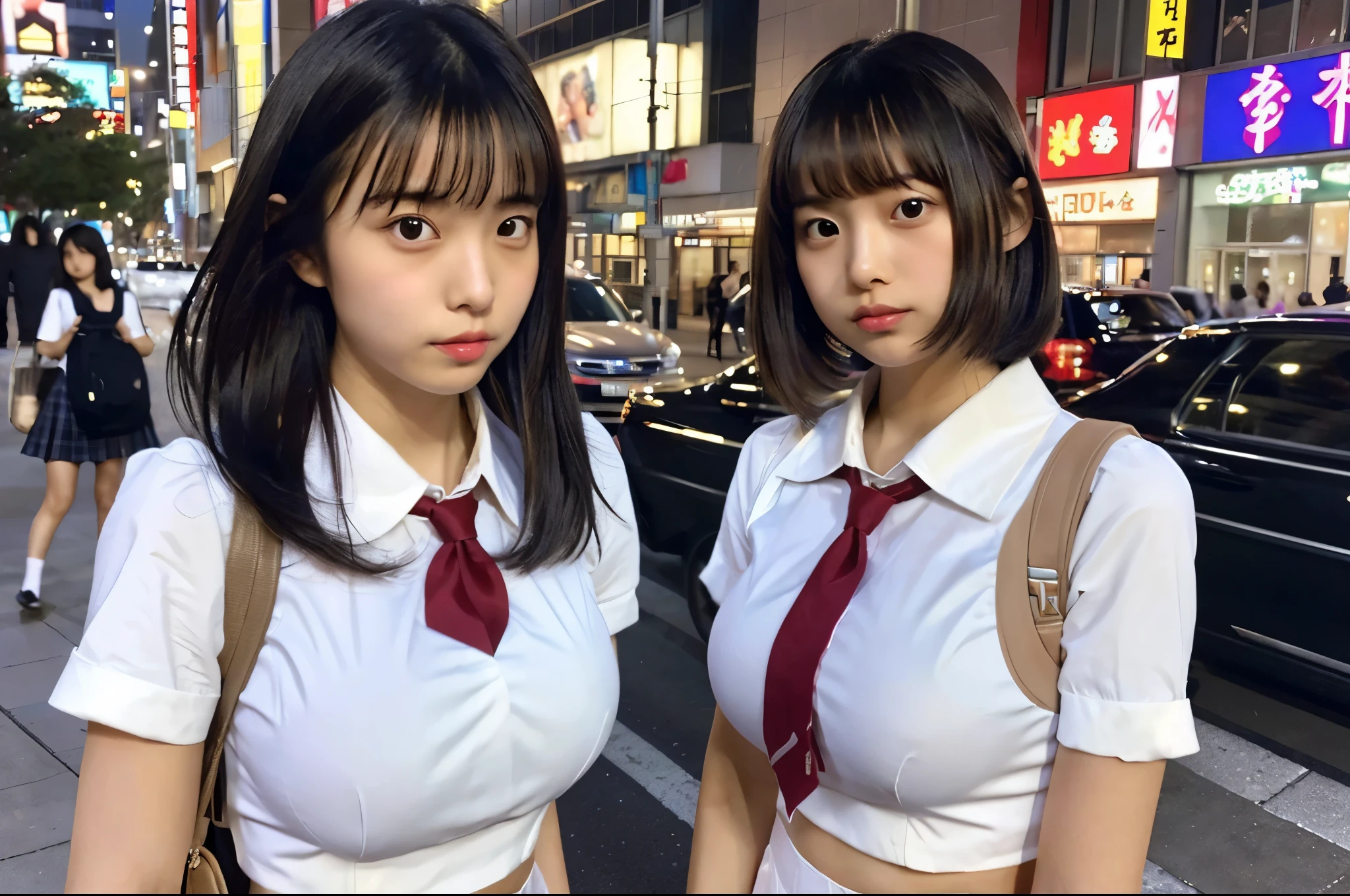 (Uniform without sleeves:1.3) high school girl White cotton shirt Big Breasts Very detailed super high quality super high quality Surreal photograph 3 Japanese girls (Each girl has a different hairstyle randomly、different face:1.3) Fair skin ((Half-open lips:1.3)) beautiful and soft skin ((Beautifully styled straight short hair)) Beautiful and perfect body very cute A beautiful and transparent young man々new skin 16 years oldを着たhigh school girl) Big Breasts whole body everyday city Busy city ((night)) Audience'perspective Front view (Big Breasts:1.3) (Cleavage) (Amazingly cute girl:1.3) (whole bodyポートレート)