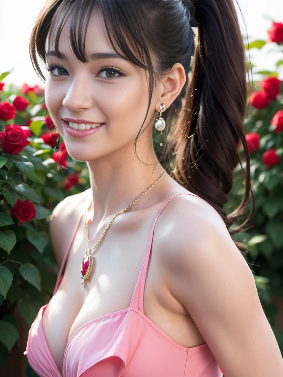 Garden covered with red roses in the background, , front ponytail, eyes reflection, red contact lenses, Pink eyes, earrings, Blue crystal pendant，Evil smile, High detail, romanticism lain, Depth of field, Sparkle, Ray tracing, viewfinder, zoom layer, Close-up, Bokeh, Anatomically correct, High details, 1080p, hyper HD,  small breasts