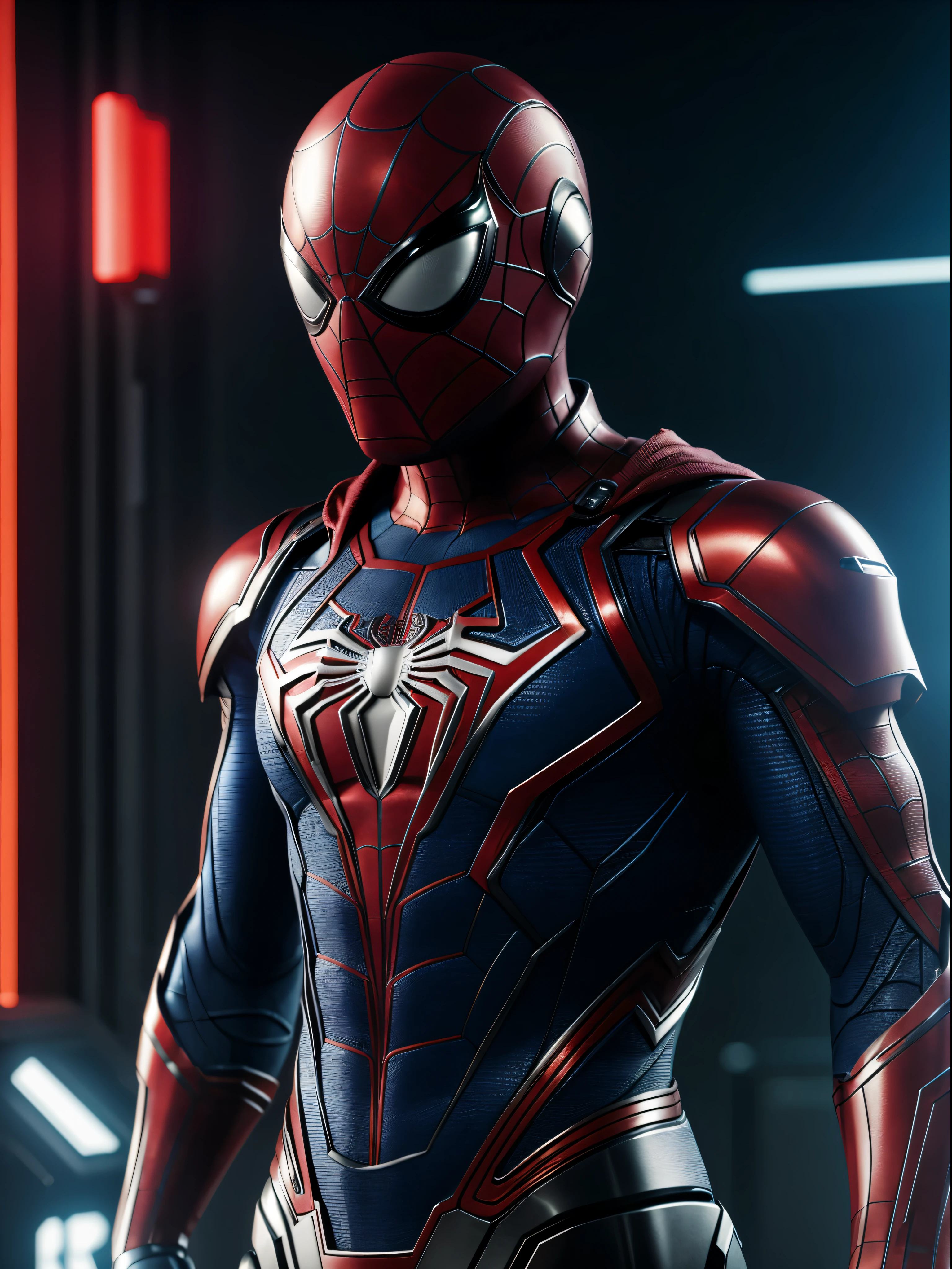 Spiderman Robot, Robotic style, humanoid robot, Male robot, there is a Superman in a helmet and a helmet on, concept art, cinematic 4k octane render, octane render sci - fi, octane render cinematic, cinematic render unreal engine, 4 k cinematic octane render, cinematic unreal 5, cinematic render, cgsociety uhd 4k highly detailed, cyberpunk art ultrarealistic 8k, detailed cinematic render, cinematic 3d render, 8k octane render