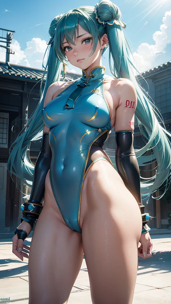 Super detailed, NSFW, masterpiece, High resolution, Photorealistic digital art, perfect lighting, (((1 girl, perfect anatomy))), accurate right hand, accurate left hand, five fingers, perfect style, (((hatsune miku,))) 3d face, big light blue-green eyes, glossy lips, blue-green long hair, shiny skin, A relaxed smile, (((twin tails))), big square hair accessories, (Chun Li), Blue fighting suit, outdoor, Street Fight, Fighting Pose, View from below,