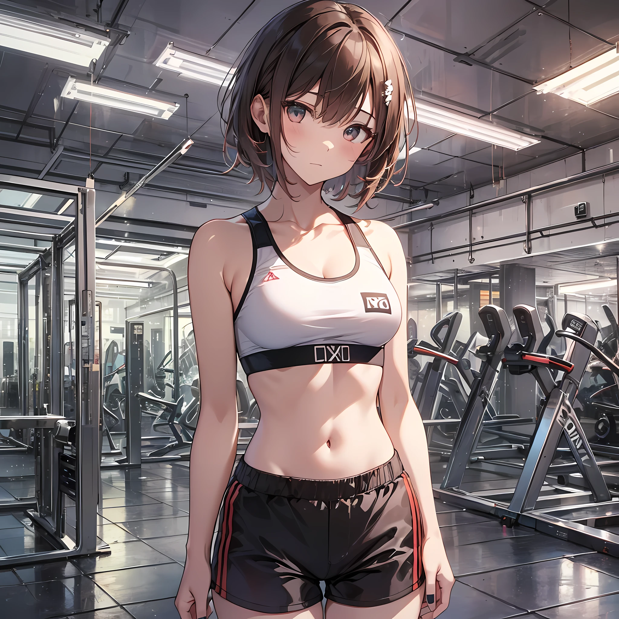 A masterpice, 4K, best quality, Misaka_mikoto ribbon from, Sports Bra, Latex Shorts, are standing, arms folded,、cool expression Beautiful gym, brown-eyed, Short_hair, Small_Breast, looking at the viewers