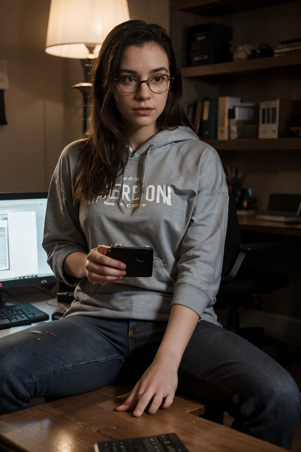 Imagine this: You're sitting down at your own workspace, surrounded by the familiar tools of your trade. As you gaze intently at your computer screen, lines of code scroll by, and the soft glow of the monitor illuminates your face.

In this scene, you embody the essence of Mr. Robot from the TV show—clad in a comfortable dark hoodie and jeans, much like the character himself. Your round, reflective glasses catch the light from the screen, creating a captivating reflection that adds depth to your focused expression.

The room around you is dimly lit, emphasizing the glow emanating from the screen and casting intriguing shadows across the space. On your desk, a tangle of cables and tech gadgets hint at the complexity of the digital world you're navigating.

As you immerse yourself in the task at hand, there's a palpable sense of intensity and purpose—much like the character you admire from "Mr. Robot." This personalized image captures not only your passion for programming but also the aesthetic and atmosphere that resonate with you on a deeper level.