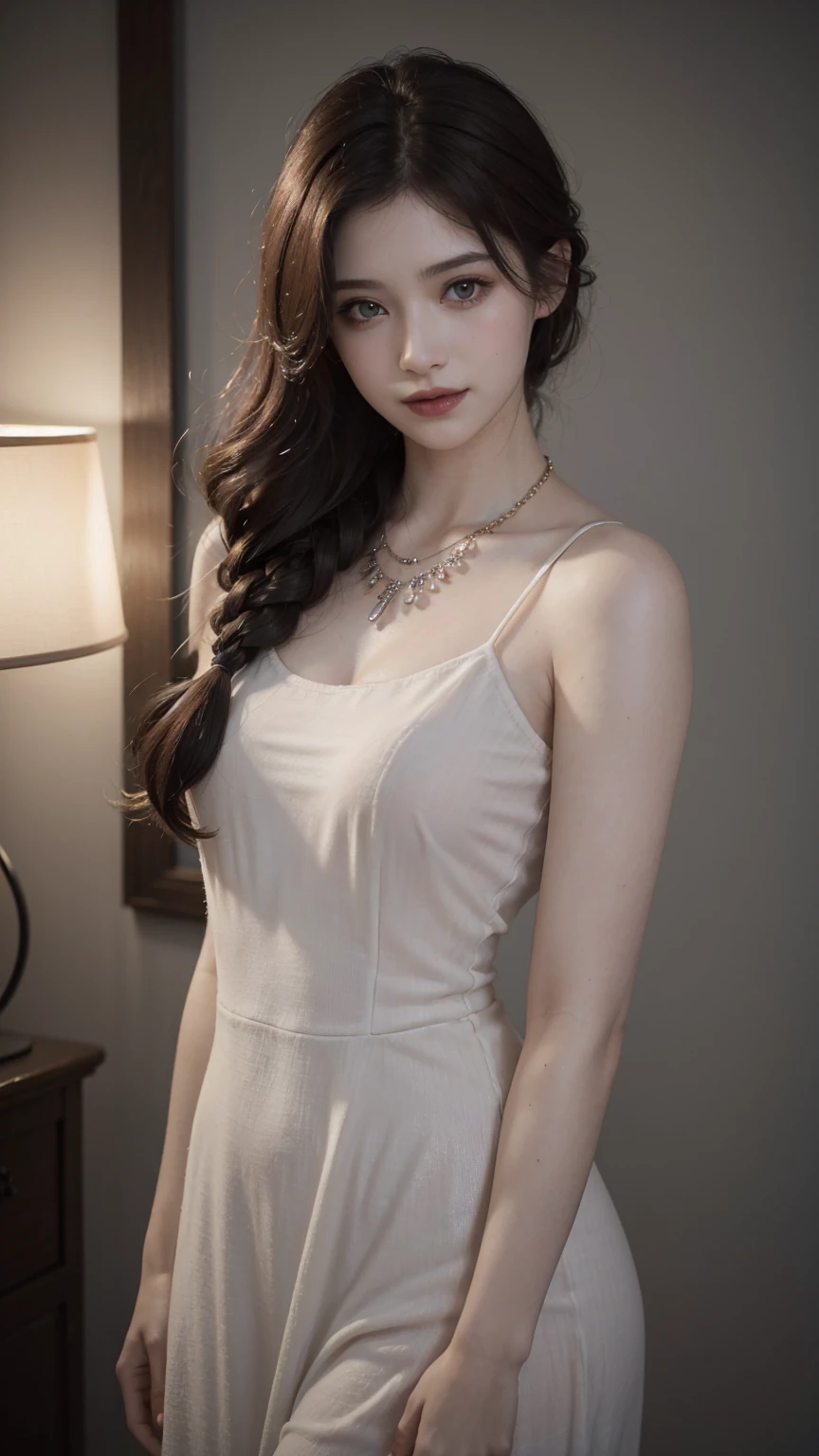 (RAW photo, best quality), (realistic, photo-realistic:1.3), very pale skin, Ultra Detailed Face, Detailed Lips, black lipstick, Fine Eyes, double eyelids, extremely delicate and beautiful, Amazing, finely detail, masterpiece, ultra-detailed, highres, best illustration, best shadow, intricate, depth of field, ((((low key,dark scene,dimly lit)))),(((soft lighting:1.4))),(pale skin:1.4),(shy smile),(cinematic angle),sharp focus, volumetric fog, 8k UHD, DSLR, high quality,( film grain:1.4), Fujifilm XT3,(looking at viewer), pale skin, ((masterpiece))、(((highest quality)))、photorealistic, Raw photography, An illustration、1 girl、8k, RAW Photography, portrait, top-quality, ultra high resolution, Braid, piercings, Photorealistic, a adorable girl, full bodyesbian, red hair, Green eyes, a necklace, a smile, eye lashes, cinema lighting, depth of fields, lens-flare, camisole, masterpiece, extremely detailed eyes and face, bokeh, silky smooth skin, long beautiful hair, (gray knit short dress), (full body shot), (14 year old), sexy outfit 