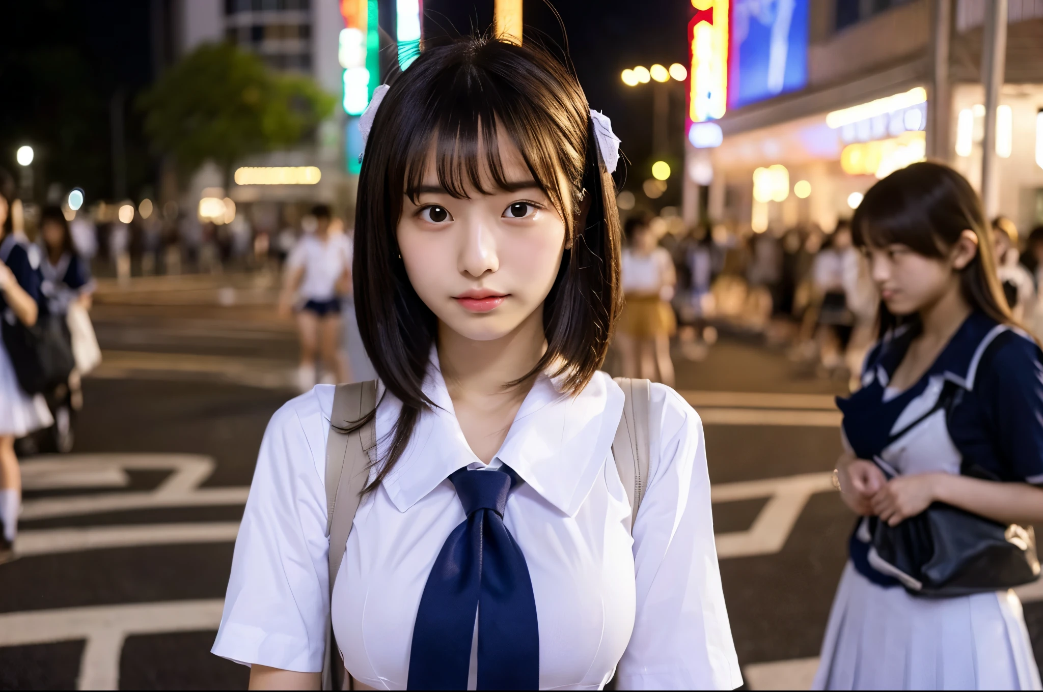 (8k, RAW photo, best quality, mastery:1.3),(realistic,photo-realistic:1.37),(looking viewer:1.331),(blue hair),posing,Tokyo street,cyberpunk city,soft light,1girl,extremely beautiful face,hands down,casual hairstyle,casual expression, Big eyes, lower abdomen, (short sleeves JK_shirt), JK_style, (blue JK_skirt), (bow JK_tie), mix4, full body, full body photo
