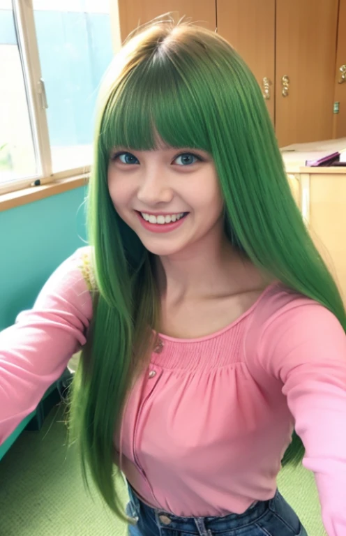 Big shaking, Dancing in a room wearing a pink blouse、beautiful green hair, Green long straight hair, Cute girl with blue eyes and a round face, With bangs, Smiling with teeth showing,
