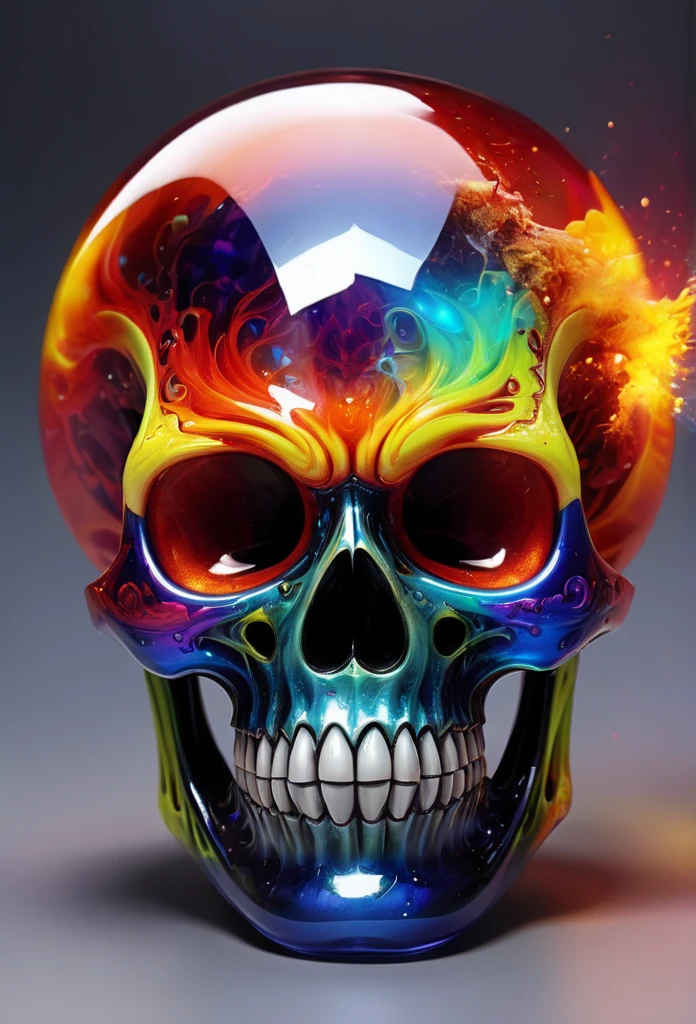 A realistic colored glass alien skull, beautiful and detailed. Which explodes when falling to the ground, the projections are textured like lot of colorful dreaming dust and Lava Explosion
