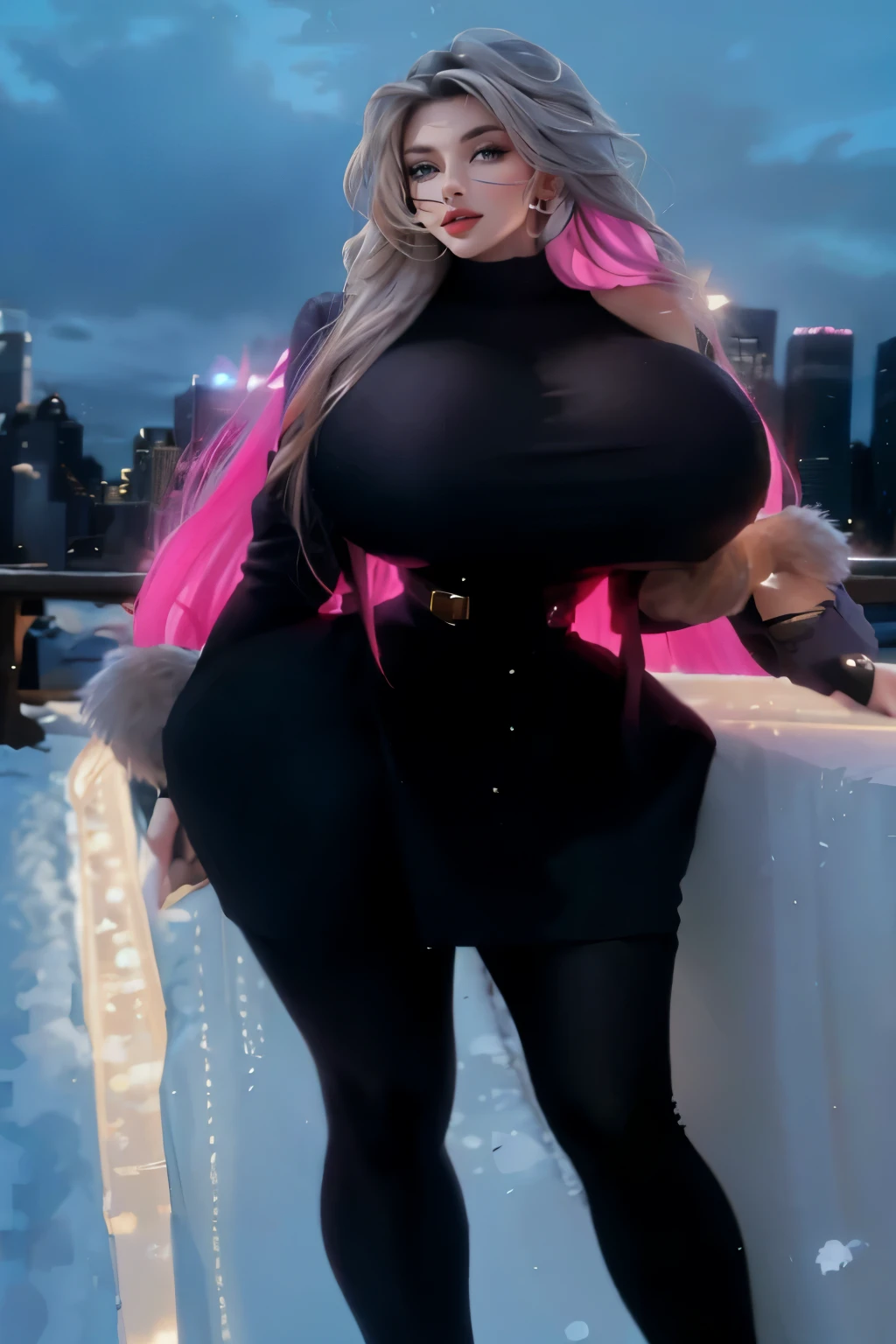 A Latina woman with long hair standing in front of a New York City background during winter. She has a professional appearance and is depicted with the best quality and high resolution. The image should be ultra-detailed and showcase the woman's long hair, stunning features, and expressive eyes. The woman should have vibrant and beautiful hair color. The image should be sharp, realistic, and photorealistic, capturing the essence of the woman and the winter atmosphere. The lighting should be professionally done, enhancing the woman's beauty and highlighting the details of the scene.