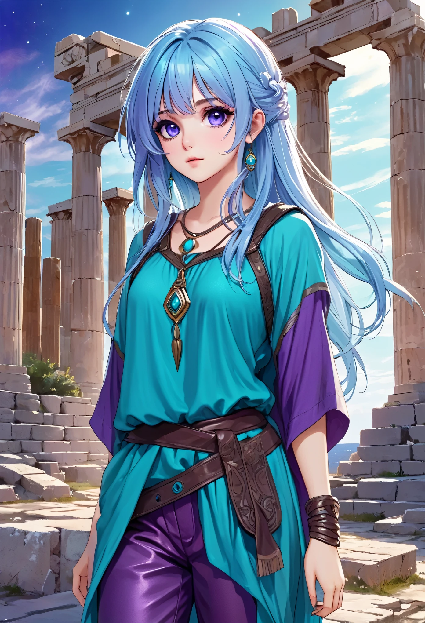 Masterpiece. High-resolution. 1girl about 20 years old. Pretty beautiful girl. Pretty big purple eyes. Delicate face. Beautiful face. (((Long light blue hair))). Straight hair. Messy hair. Hair bangs. Turquoise tunic. Purple tide pants. Leather boots. Greek ruins background with cosmic Sky.