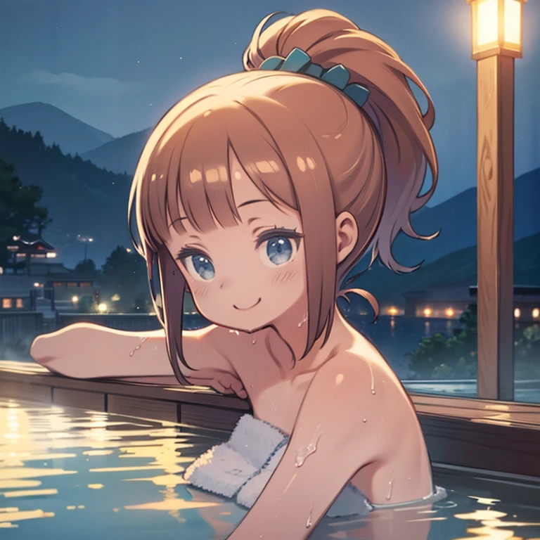 Masterpiece, top quality, super detailed CG, intricate details:1.5), 8k wallpapers, elaborate features,
(1 person, solo:1.4), perfect cartoon illustration,1 girl, cute face, smiling, naked, taking a bath, in a hot tub, her home