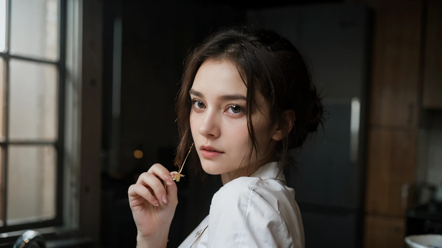 Portrait 8k d'un beau cyborg aux cheveux bruns, yeux bleus, complexe, elegant, Very detailed, majestueux, Digital photography, art by artgerm and ruan jia and greg rutkowski surreal painting gold butterfly filigree, Broken glass, (chef-d'artwork, side lighting, beautiful, finely detailed eyes: 1.2), pleur, cyber punk background