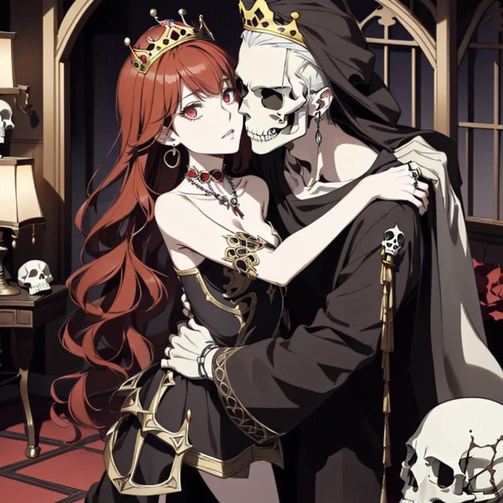((highest quality)), ((masterpiece)), (be familiar with), Perfect Face、The Enchanting Body of Celica(FE)、Red hair、The perfect proportions、semi-long、necklace、Bangles、Caster wheel、Luxury Accessories、first round、Fallen into evil、Skeleton Fall、Blank look、Skull engagement ring、empty eyes、Eyes with lost highlights、Lifeless Eyes、Expression in love、Dark Room、Red magic circle on the floor、大量のSkeleton Candelabraと蝋燭、darkness、A large number of skull objects、Big magic circle on the floor、Skeleton Candelabra、Luxury Jewelry、Skeleton Crown、Large skull pendant、Bone ornaments、Skull Accessories、Temple of the Skeletons、Skeleton Crown、The 70-year-old Skull King is a man、A ton of skeletons、pregnancy、Last month of pregnancy、全naked、naked、Becoming a bony body、70The 20-year-old Skull King is my husband、70Become the wife of the 20-year-old Skull King、70A friendly pairing with the aged Skull King、70Cuddling with the old man Skull King、70Old man Skull King is a skeleton、Black bed with luxurious bone decor、Wear a skeleton on your head、incorporated into bones、Bed In、Making love in bed with 70-year-old Skull King、70Being petted by the old man Skull King、Embracing and deep kissing 70-year-old man Skull King、70Old man Skull King fondles her breasts and touches her pussy while deep kissing her、I love the 70 year old man Skull King、70-year-old man hugs Skull King、Take off your clothes、Everything except the face becomes a skeleton、Bedroom、全naked、female1peopleと男1people
