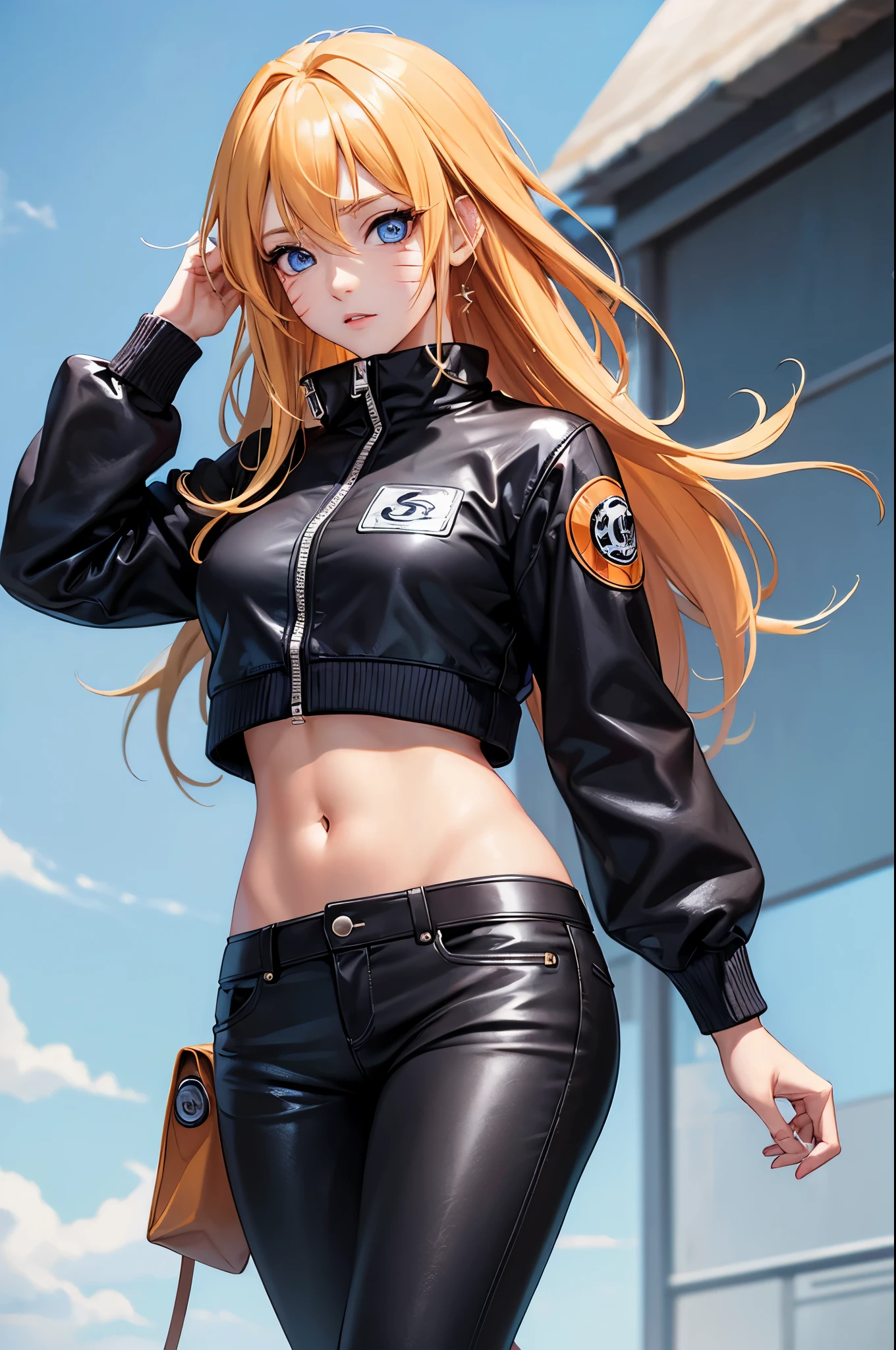 (masterpiece, best quality:1.2), expressive eyes, perfect face, highres, 1girl, solo, (female:1.5), NarukoUzumaki, blue eyes, blonde hair, long hair, facial mark, whisker markings, short hair, long sleeves, jacket, (naruto outfit), midriff, orange-black jacket, meshes, pants, black pants, standing, upper body, looking at the viewer