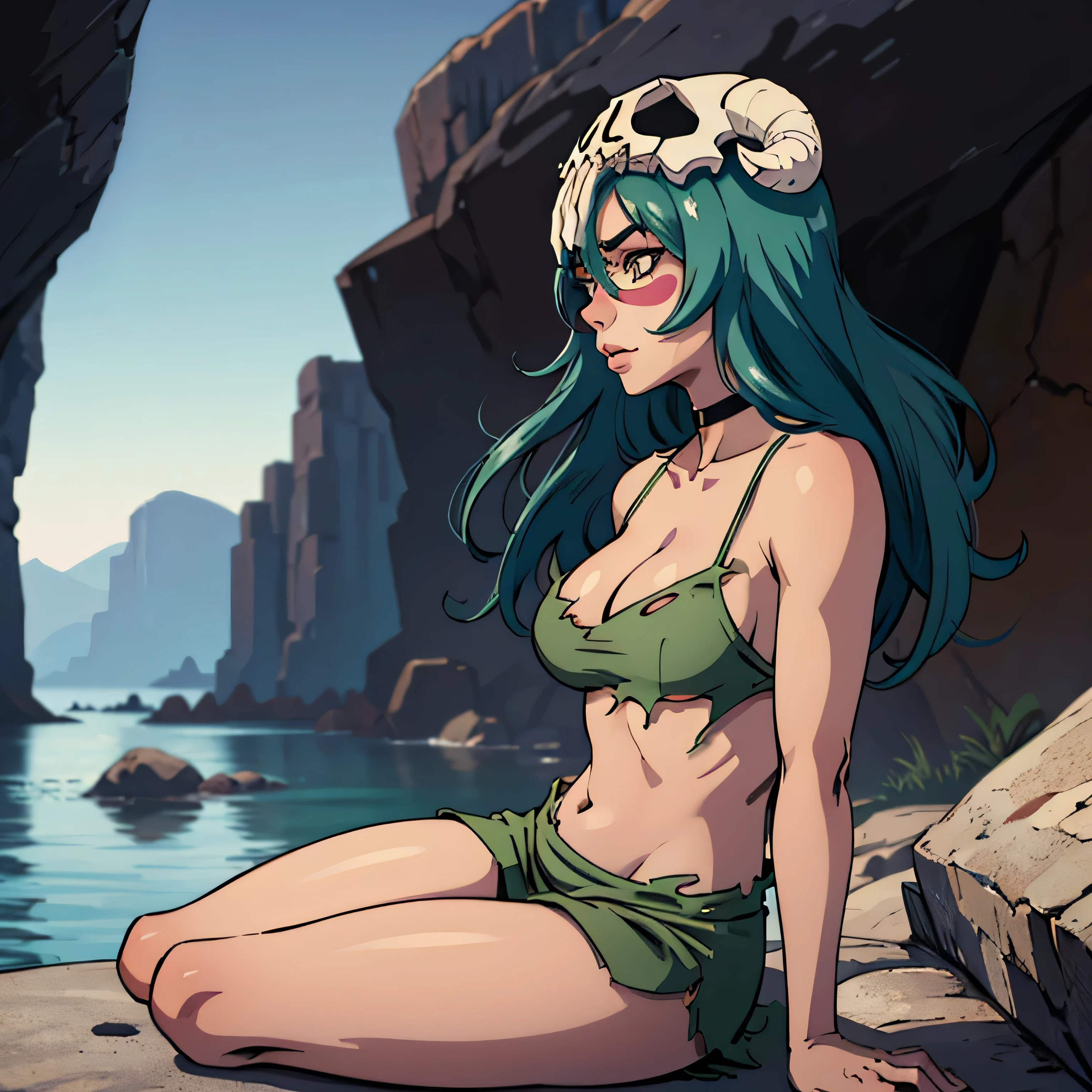(Details of a very beautiful face), (Best Quality:1.4), 8K resolution, High resolution, 1woman, Beautiful woman, Beautiful woman of the highest grade, Super beautiful detailed face, smooth skin, very detailed beautiful eyes, fine skin texture, Gloss on lips, thin waist, Large ass, seductive look, (seated on a rock), choker around neck, (masterpiece, best quality: 1.2), solo, 1girl, odelschwanck, green hair, skull, torn clothes, small breasts, cleavage, skirt, belly out, underboob, seductive, sexy, hourglass figure, hourglass body, curvy, wide hips, skinny belly, skinny, thick thighs, bare shoulders, black choker, coy, hands, feet, whole body, from side, knees up