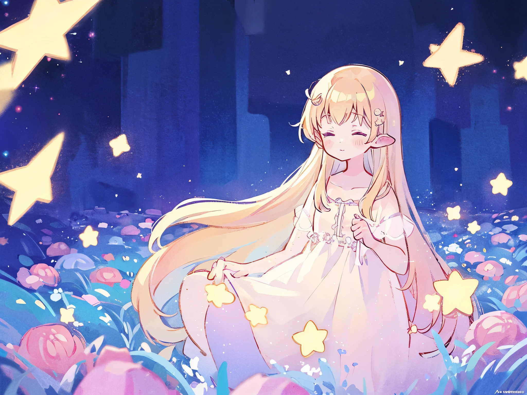 complex background, wishing star background, a woman wearing an ethereal mystical pink translucent dress that reflects the stars, perfume promo art, mystic, complex drawing, highly detailed, Covergirl brand, promo art, artistic rendition, ethereal, starry night, midjourney style