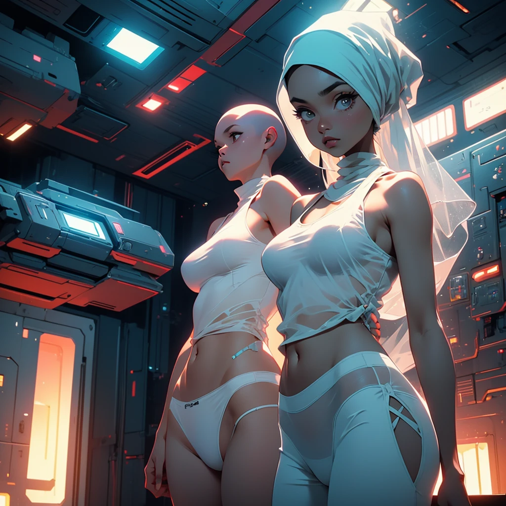 A (busty Malaysian woman, age 30, athletic, hijab no hair showing, in a tight white sheer tank top and sheer white bikini cut panties) is checking the scifi instruments on her dimly lit space ship
