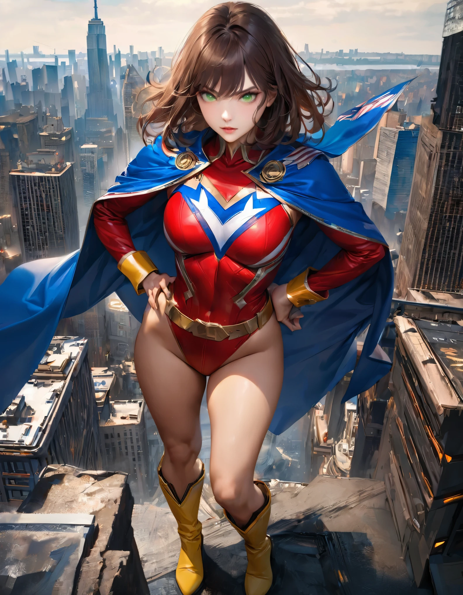 ((best quality)), ((masterpiece)), ((ultra realistic)), (dynamic heroic pose), solo, solo focus, american, beautiful detailed face, detailed eyes, sexy superhero, ((dressed in a red leotard with blue accents)), new york city backdrop, highly detailed, professional, bare legs, full body), hands on hip, standing, ((brown hair, medium hair)), green eyes, matching boots, yellow boots, ((long sleeves, yellow cuffs)), yellow hawk-shaped crest engraved on chest, ((blue cape)), cowboy shot, fastened tight belt, (perfect hands), full body with costume.