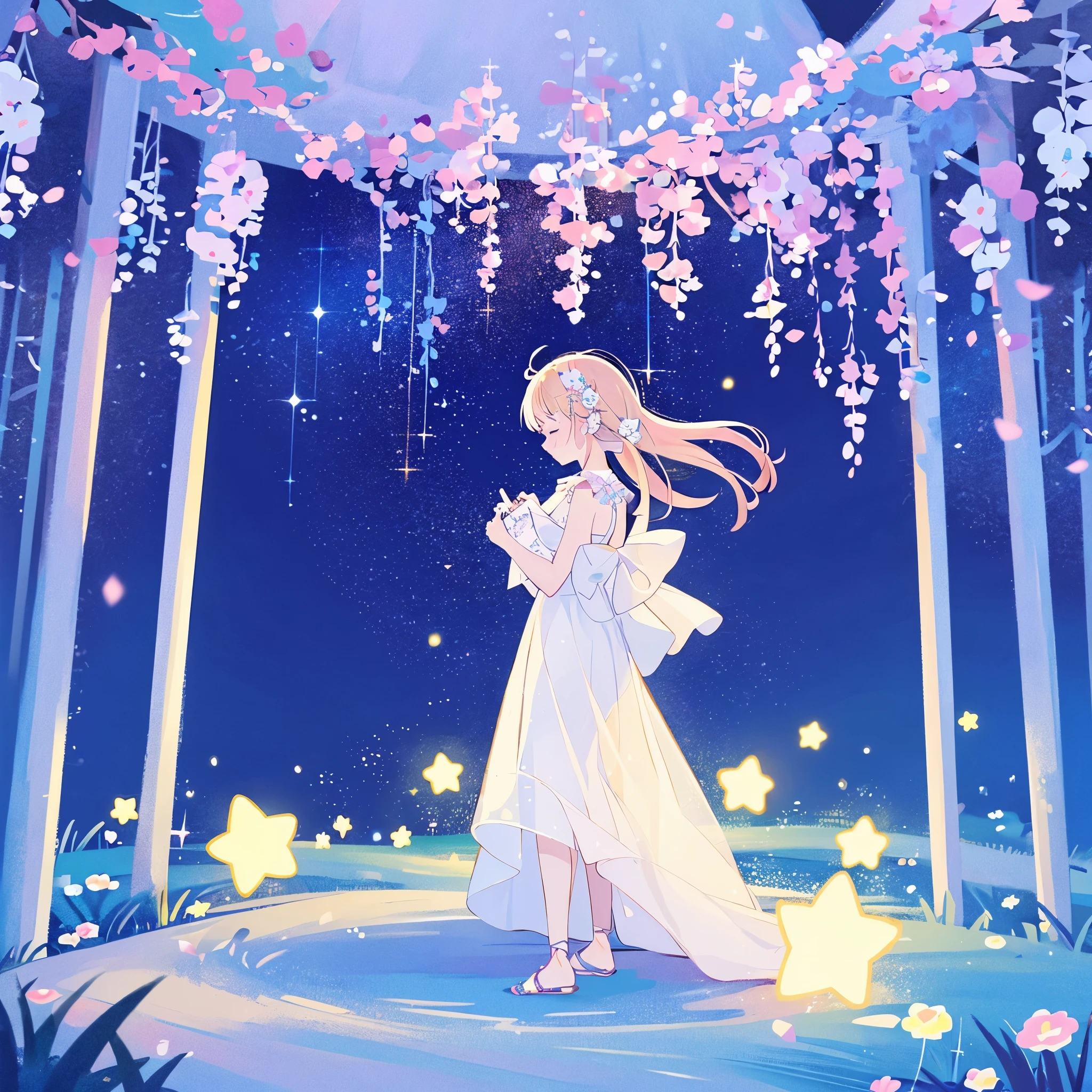 complex background, wishing star background, a woman wearing an ethereal mystical pink translucent dress that reflects the stars, perfume promo art, mystic, complex drawing, highly detailed, Covergirl brand, promo art, artistic rendition, ethereal, starry night, midjourney style