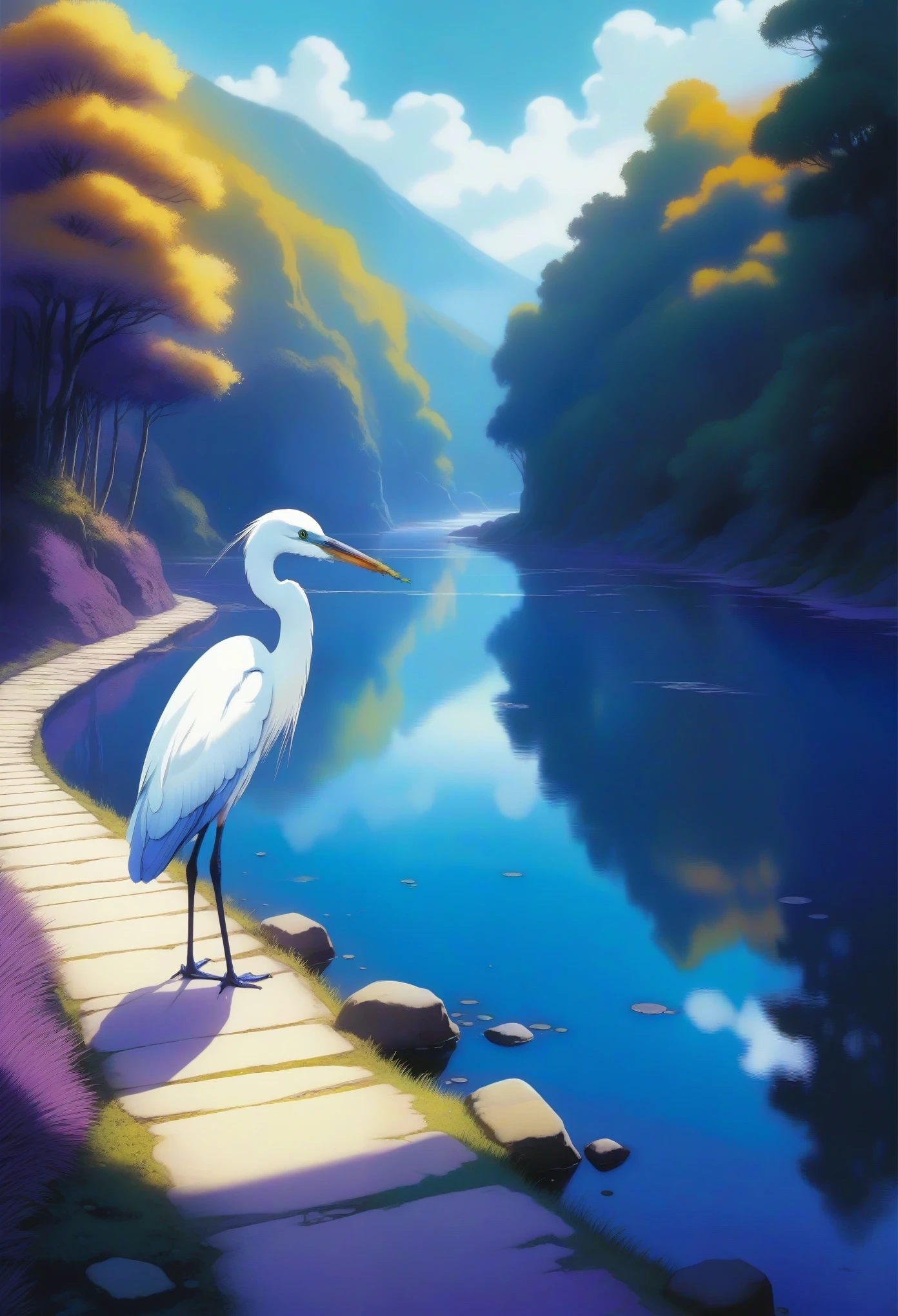 Tranquil Landscape illustration, Close-up of a blue-violet gradient lake，White heron stands on the path, Natural scenery, Studio Ghibli style, fine texture, Rich color variations, Dumb, Landscape illustration, 8K