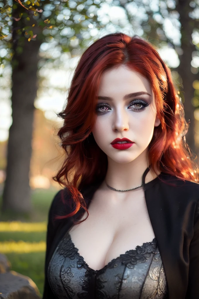 portrait, attractive young woman, MirKer, (handsome face:1.1), detailed eyes, lush lips, (eye makeup:1.2), (large breasts:1.0), (tight body:1.2), (black and red hair:1.2), wearing (gothic langerie:1.2) in (stone and trees:1.2). (morning sun illumination: 1.2), depth of field, bokeh, 4K, HDR. by (James C. Christensen:1.2| Jeremy Lipking:1.1).