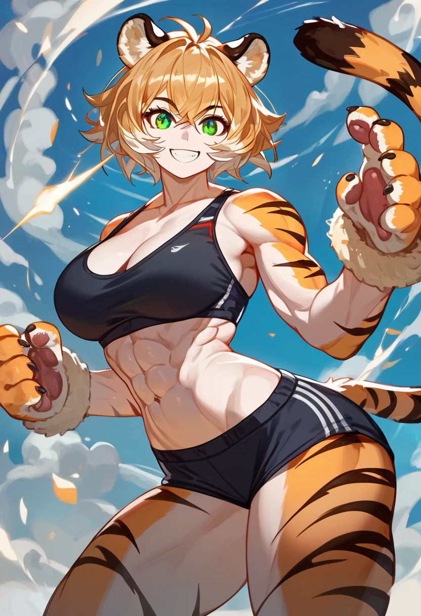 (score_9, score_8_up, score_7_up), masterpiece, best quality, expressive eyes, 1girl, tiger girl, animal ears, animal tail, paws, green eyes, short hair, tall, [abs], muscled hands, wide hips, big ass, big breasts, black sport bra, black boxers, smile, teeth, battle stance