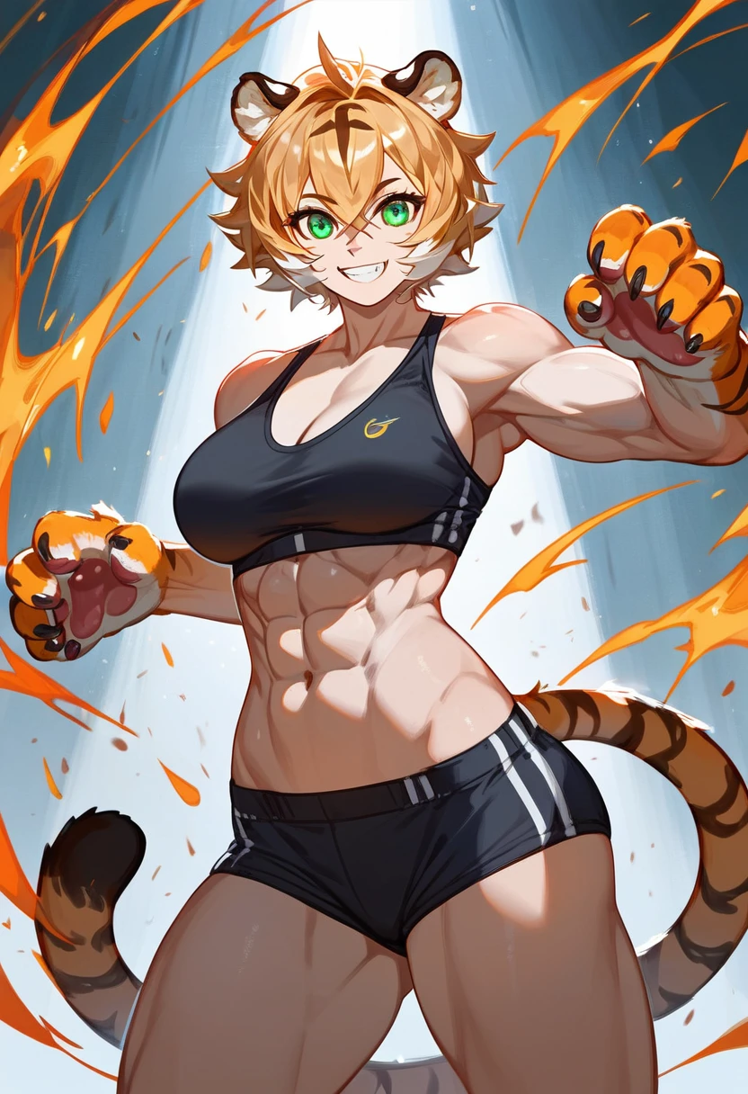 (score_9, score_8_up, score_7_up), masterpiece, best quality, expressive eyes, 1girl, tiger girl, animal ears, animal tail, paws, green eyes, short hair, tall, [abs], muscled hands, wide hips, big ass, big breasts, black sport bra, black boxers, smile, teeth, battle stance