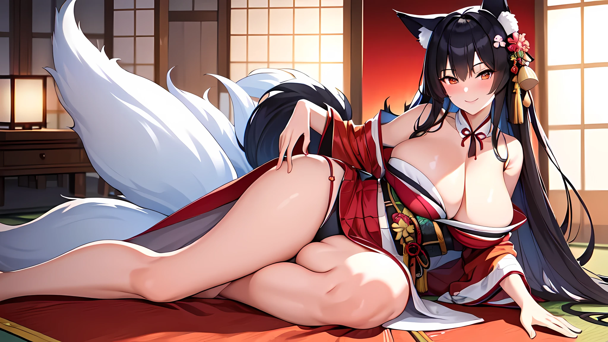 (((masterpiece))),(((best qualtiy))),((Ultra detail)),(illustration)，huge tit，1girl, Exposed kimono，Kitsune wife in japanese palace, Facing the audience ，Take off half of your kimono，Long straight black hair，Largest breasts，Clean smooth and delicate white silk long legs，Gorgeous crimson Japanese kimono , Fox ears and nine flufy fox tails , Thicc thighs , Tall woman , Seductive smile , Dommy mommy