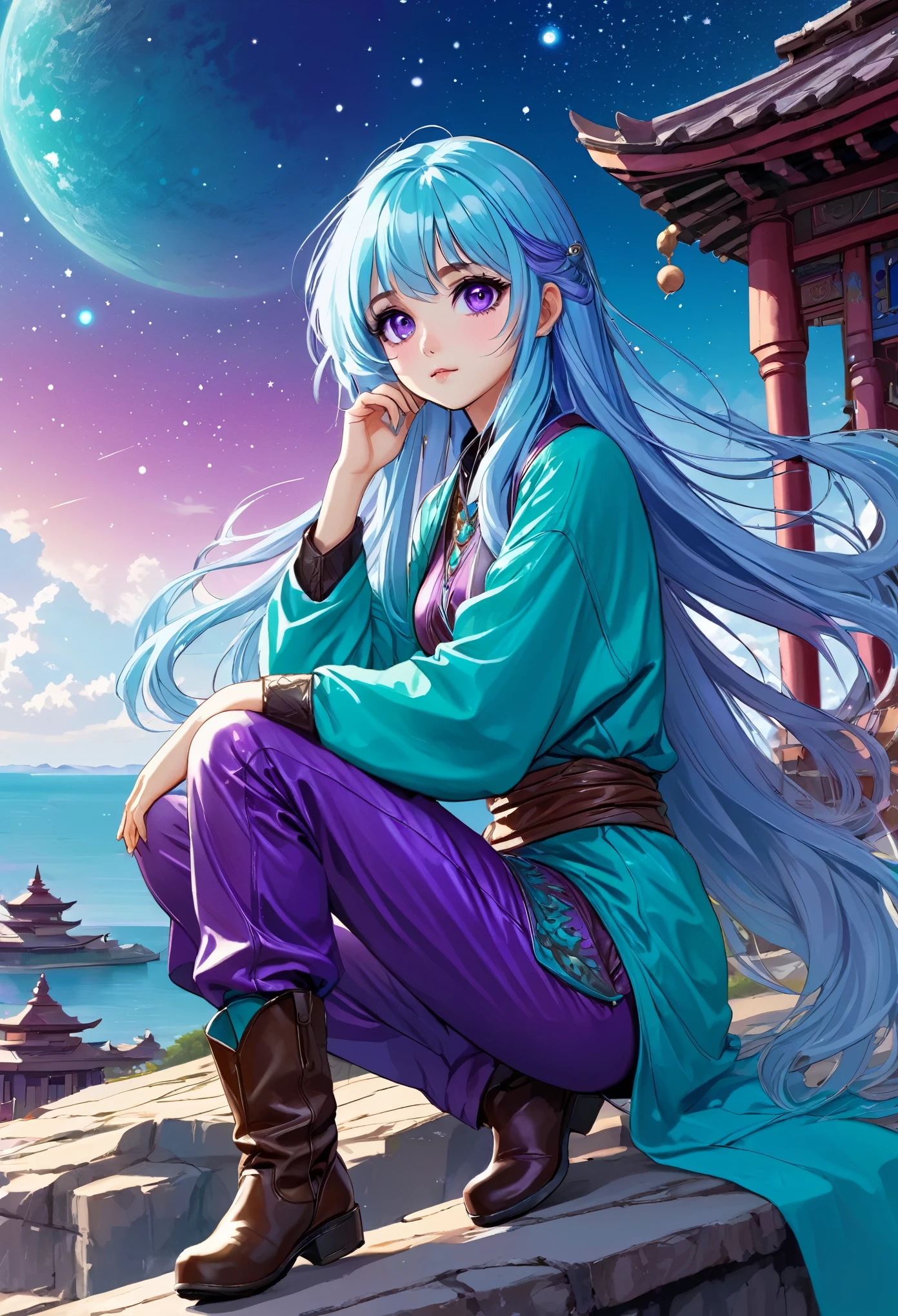 Masterpiece. High-resolution. 1girl about 20 years old. Pretty beautiful girl. Pretty big purple eyes. Delicate face. Beautiful face. (((Long light blue hair))). Straight hair. Messy hair. Hair bangs. Turquoise tunic. Purple tide pants. Leather boots. Himalaias background with 1pagode and cosmic Sky.