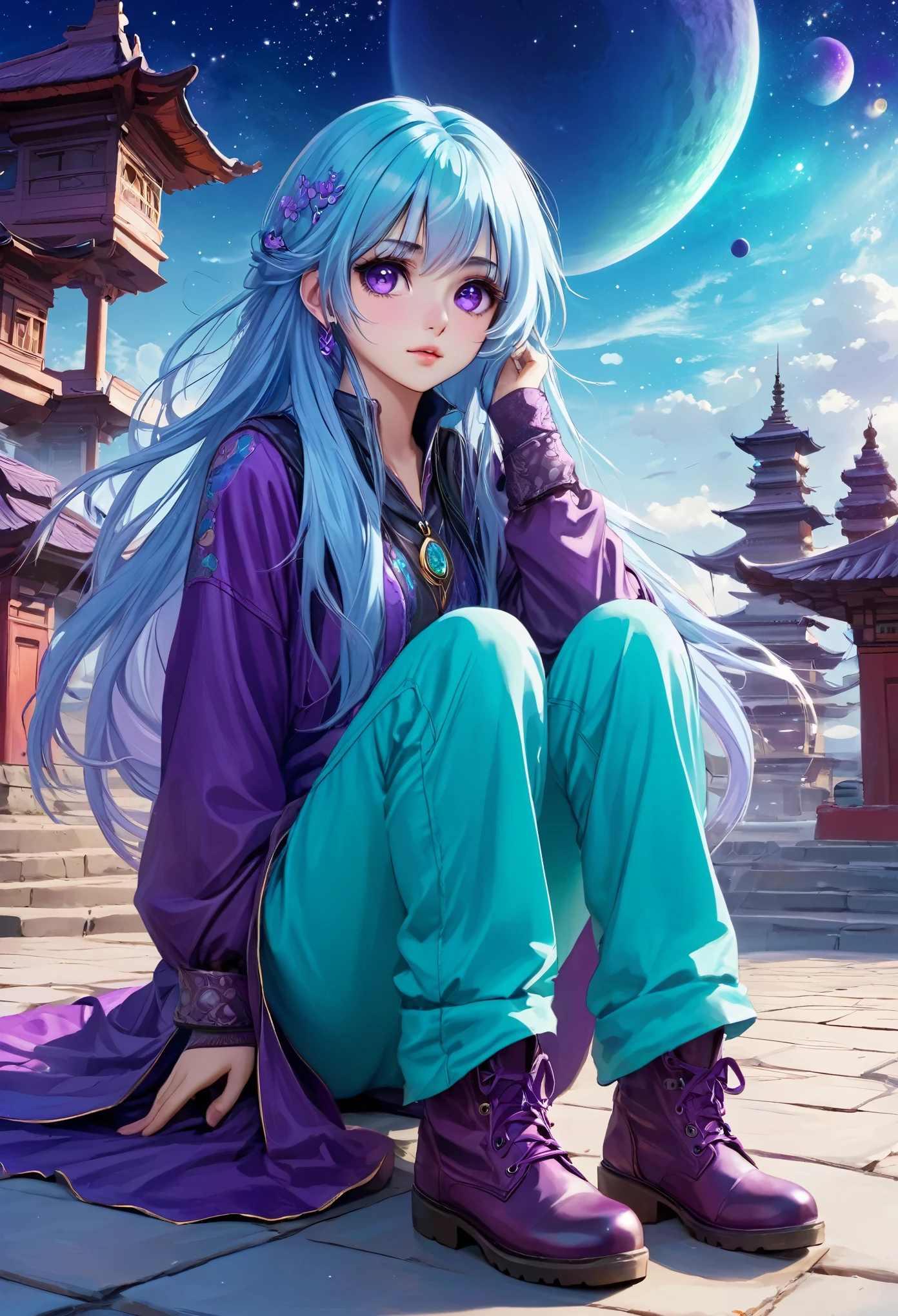 Masterpiece. High-resolution. 1girl about 20 years old. Pretty beautiful girl. Pretty big purple eyes. Delicate face. Beautiful face. (((Long light blue hair))). Straight hair. Messy hair. Hair bangs. Turquoise tunic. Purple tide pants. Leather boots. Himalaias background with 1pagode and cosmic Sky.