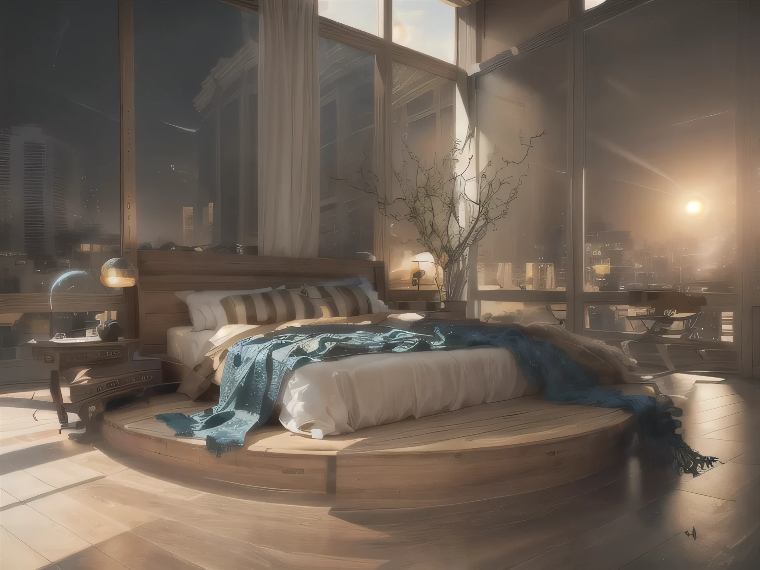 airy room with a large bed and a desk with a chair, luxueux environment, with natural light background, heure du matin, heure du matin, sublime-comfortable-elegant atmosphere, luxueux, superbe vue, Djakarta, regarde les détails, l'aube du matin, Natural light in the room, photo de 2022, Exquisite detail, Furnished room, cadre serein de la chambre