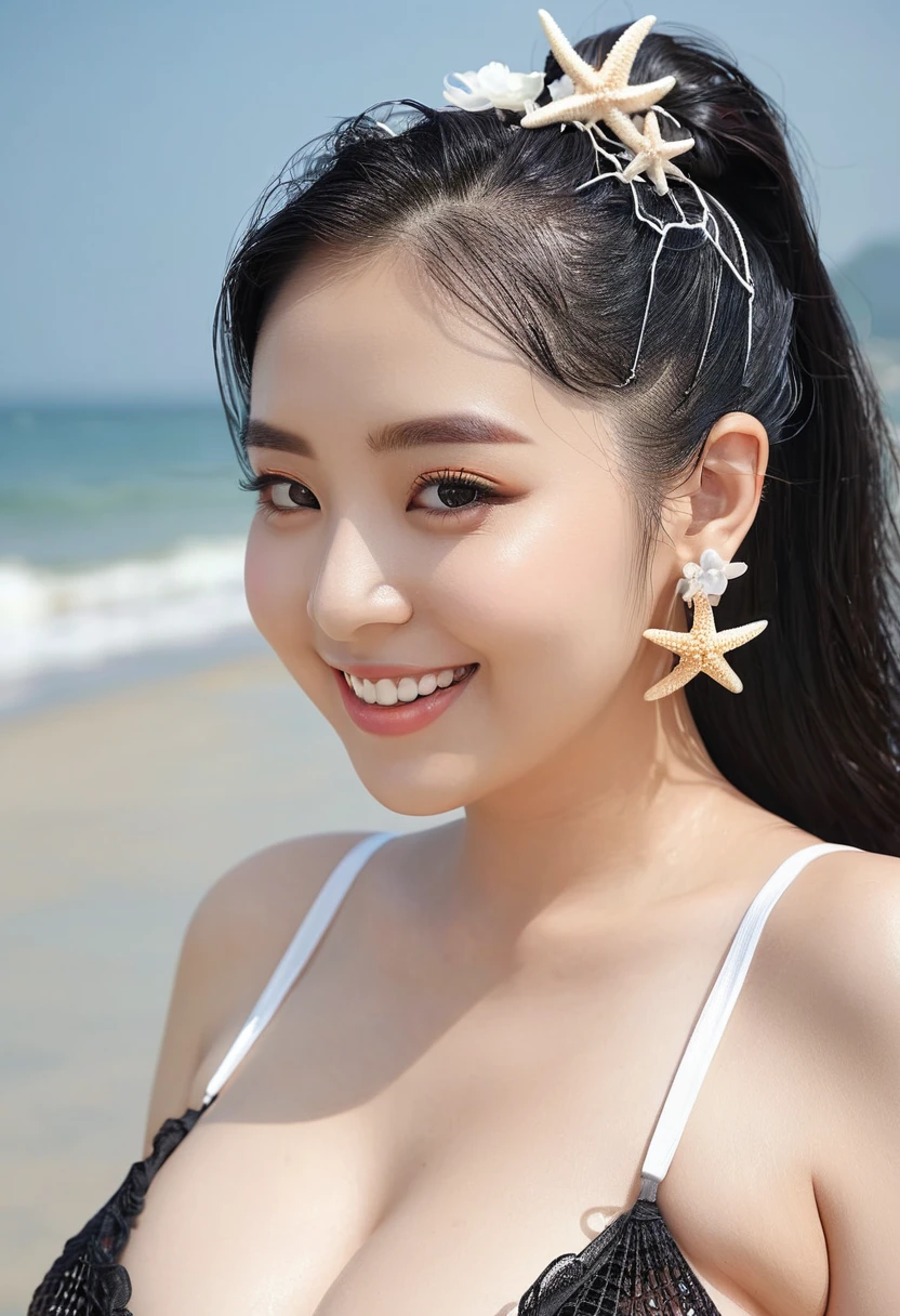 woman ((30 years old)), hair ((long, black)), mini bikini(perspective), fishnet clothes(transparent), White)), Accessories ((earrings, Flower hairpin)), Hair Bun, Big Breasts,((Lower chest)),Extra large breasts, Korean makeup, smiling, starfish,shell,Beach, seaside,whole body, nipple(perspective), ( Ultra Detailed ), (best quality, Maximum resolution), lifelike, Adjustment, edema.