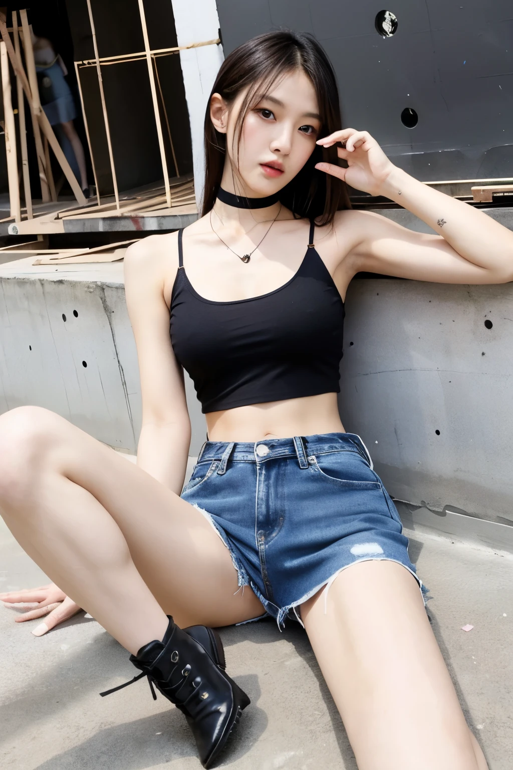 Girl taiwan in crop top t-shirt and tight denim skirt posing for photo, full body, with cropped T-shirt, bra, choker black, slim body, smaller bust, slim girl model, 24-year-old female model, lying on the construction site.