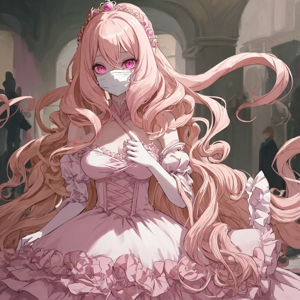 1 woman, long curly blonde hair, pink eyes, pale pink, Eyes masked, ball dress, princess, best quality masterpiece