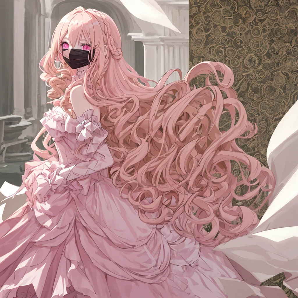 1 woman, long curly blonde hair, pink eyes, pale pink, Eyes masked, ball dress, princess, best quality masterpiece