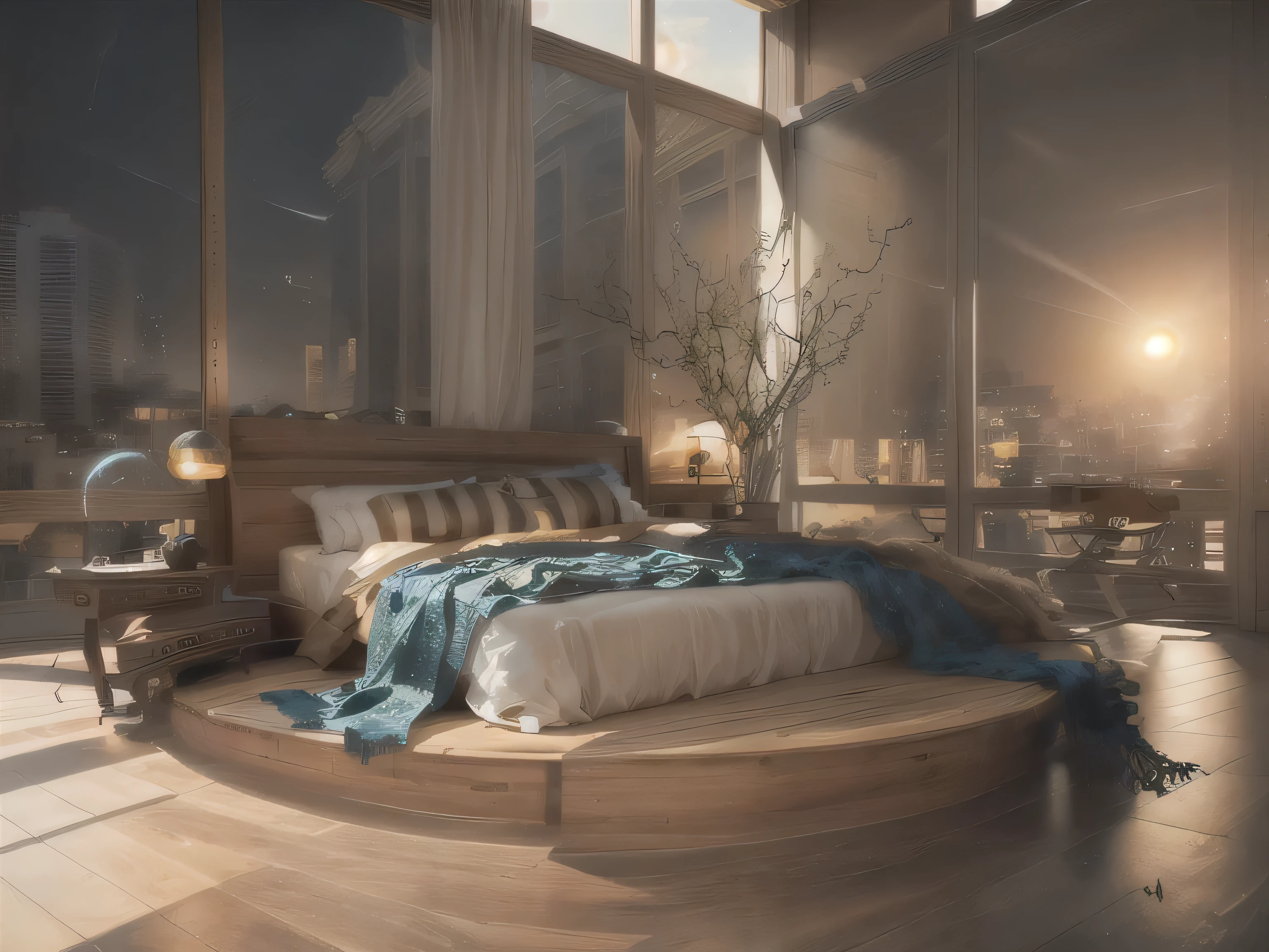 airy room with a large bed and a desk with a chair, luxueux environment, with natural light background, heure du matin, heure du matin, sublime-comfortable-elegant atmosphere, luxueux, superbe vue, Djakarta, regarde les détails, l'aube du matin, Natural light in the room, photo de 2022, Exquisite detail, Furnished room, cadre serein de la chambre