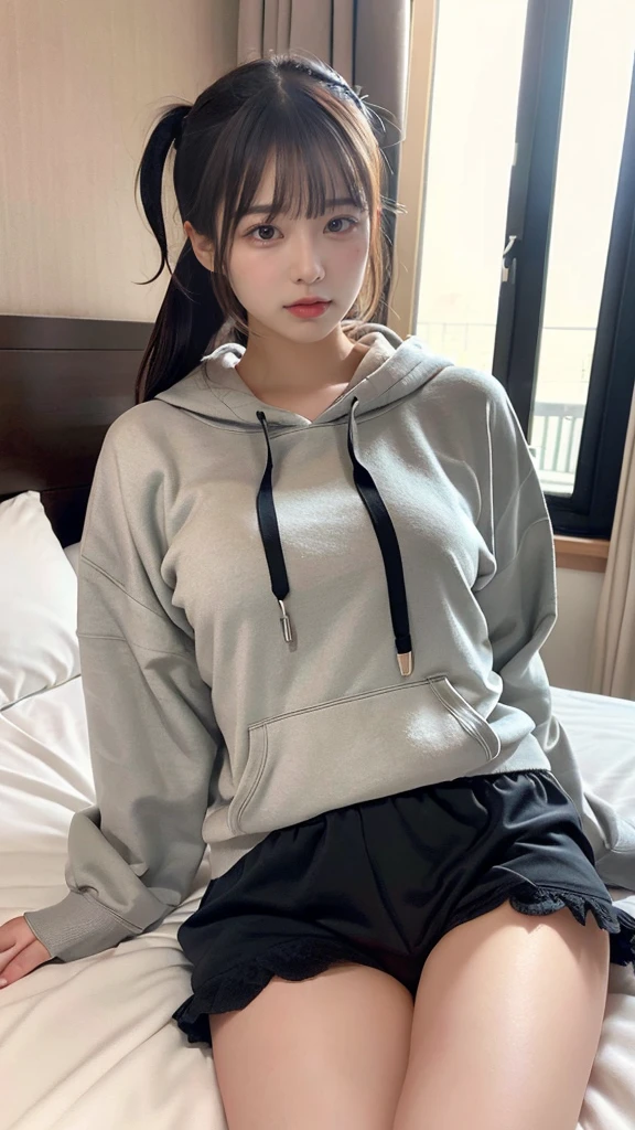 muste piece, best quality, illustration, Super detailed, fine details, High resolution, 8K,wall paper, perfect dynamic composition,(Details High quality, realistic depiction of eyes:1.3), Oversized Light Grey Hoodie, Erotic Shorts, ponytail、Lying down, black hair color, Big Natural Color Lip, bold sexy pose, (perfect body shape), crying a little、cold gaze, Harajuku style、20 year old girl、cute type、lolita、beautiful legs, hotel room, hposing Gravure Idol, Voluptuous thighs