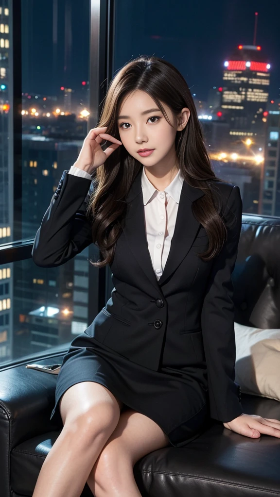 a sexy seductive smart look woman, office secretary , young sexy sensual 23 yo, tight mini opened officially weardrobe , wavy messy dark blonde long hair, sitting on a couch sensually , located in suite office room with large windows, night city as background , night atmosphere
