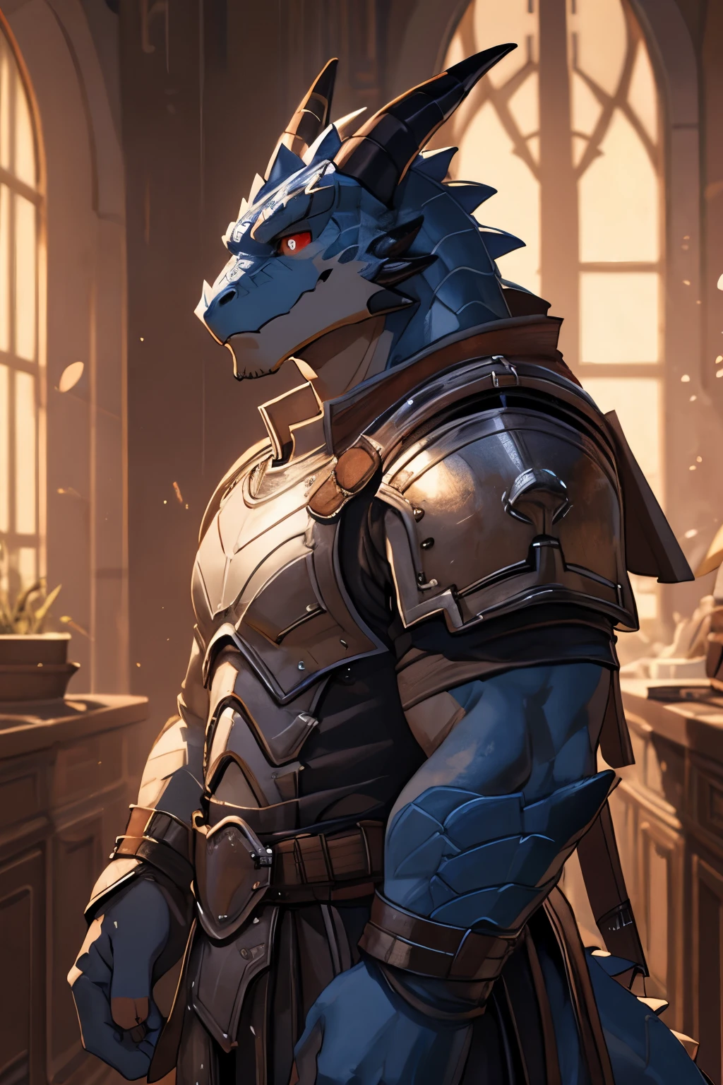 1boy, ((dragonborn)), blue scales, red eyes, big eyes, ((white armor)), ((full armor)), strong, brave, chubby, (detailed face), full body