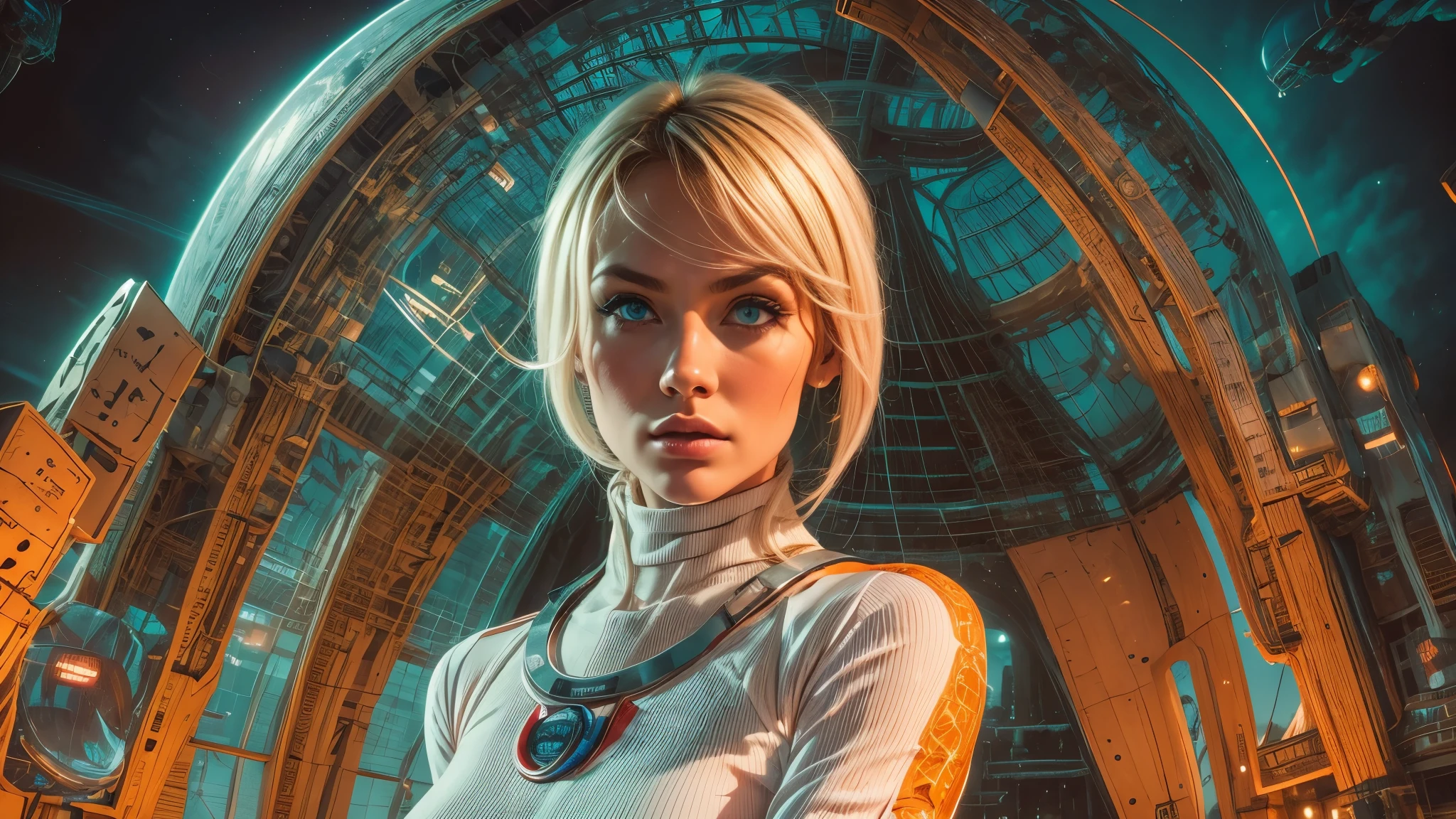 arafed image of a white woman in a futuristic suit with a spaceship in the background, movie art, in front of an orange background, inspired by Robert McGinnis, female protagonist, megastructure in the background, portrait of an ai astronaut, astronauts, an astronaut, portrait of a astronaut skeletor, perfect android girl, detailed eyes, frank franzzeta and sakimichan